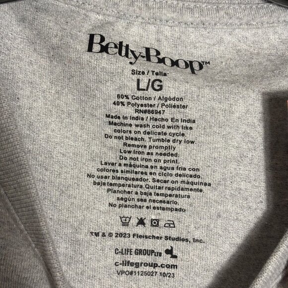 Betty Boop Graphic T-Shirt Gray L/G Cotton/Polyester Crewneck Short Sleeve - Picture 3 of 5